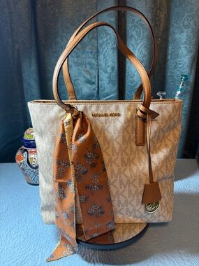 Michael Kors Beige Logo Tote with Tan Leather Handles and Orange Scarf 12 x 11